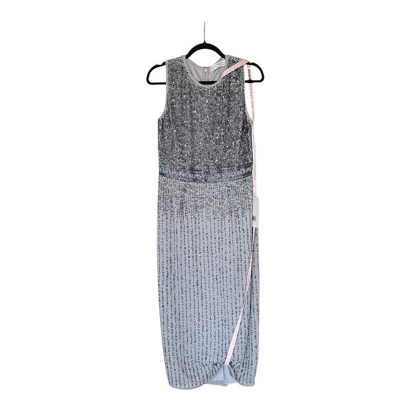 Mac Duggal 10509 Sequin Cocktail Sheath Dress Round Neck Sleeveless Platinum - Picture 3 of 16